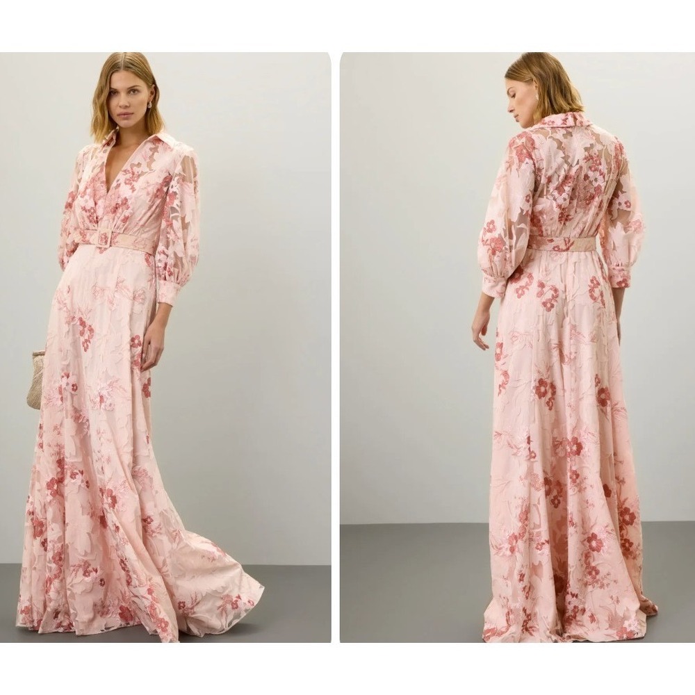 Badgley Mischka Lace Applique Maxi Shirt Dress Floral Pink‎ Size 4 *FLAW*
